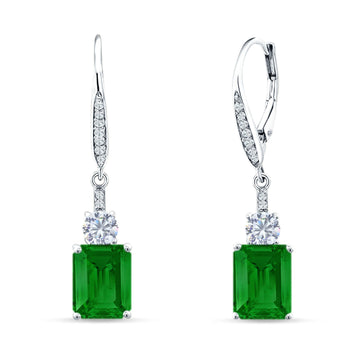 Emerald Cut Oblong Drop Dangle Leverback Earring Green Emerald CZ 925 Sterling Silver